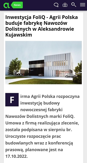 Agrii Polska - nowa inwestycja w zakład produkcji nawozów dolistnych w Aleksandrowie Kujawskim