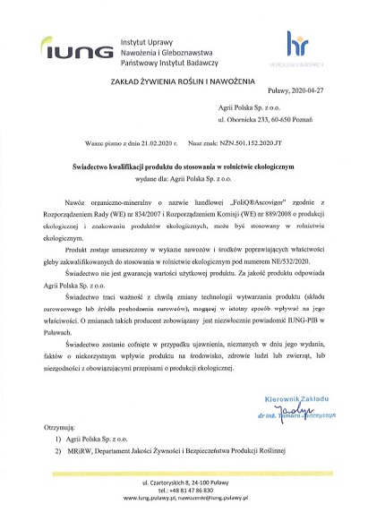 FoliQ Ascovigor certyfikat ECO 