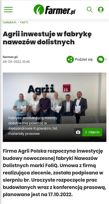 Agrii Polska inwestuje w fabryke nawozów dolistnych 